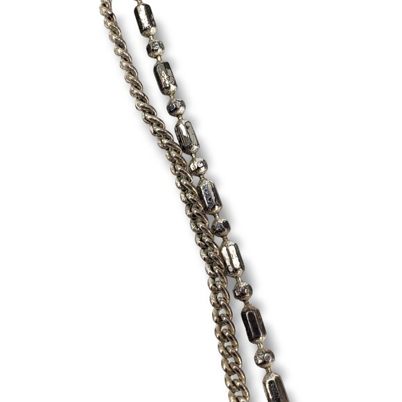 Green Cat Eye Center Silver Tone Pendant Double Strand Collar Choker Necklace - Picture 10 of 11